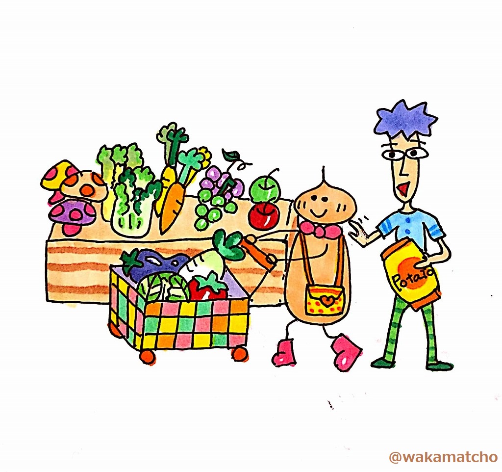 果物と野菜のお買い物をしているイラスト。fruit and vegetables