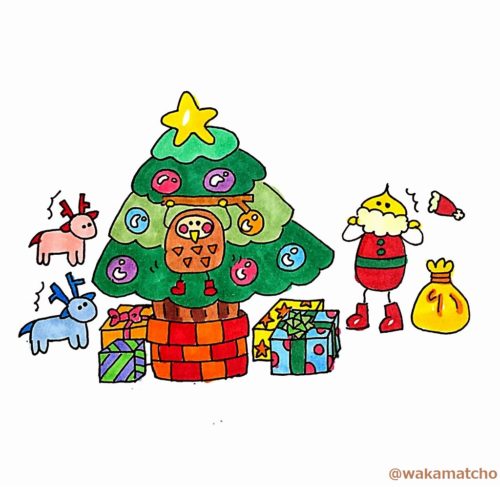 クリスマスツリーに隠れていたフクロウのイラスト。an owl in the Christmas tree