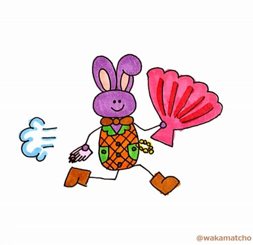 オシャレな服を着て、扇子と手袋を持って走っているシロウサギのイラスト。the White Rabbit returning